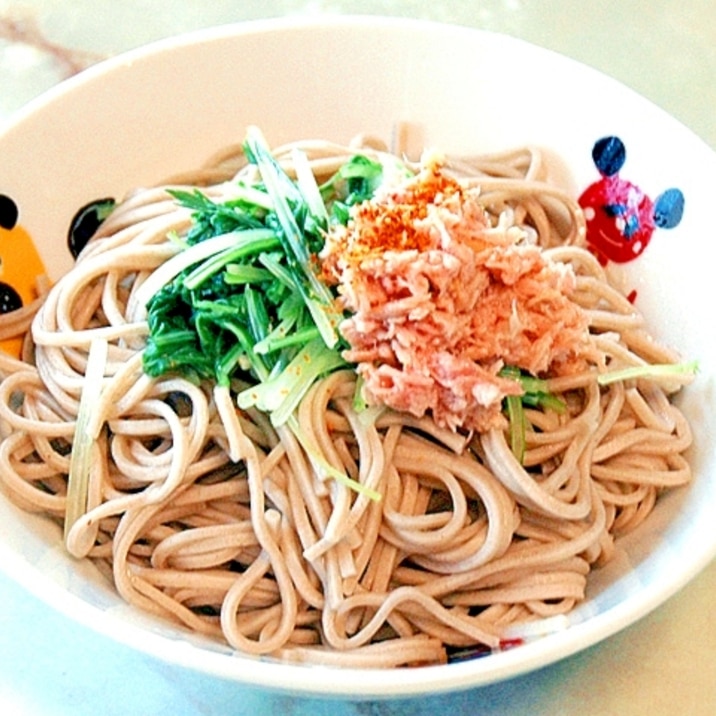 ひんやり冷たく!ツナと水菜のさっぱりぶっかけ蕎麦♪